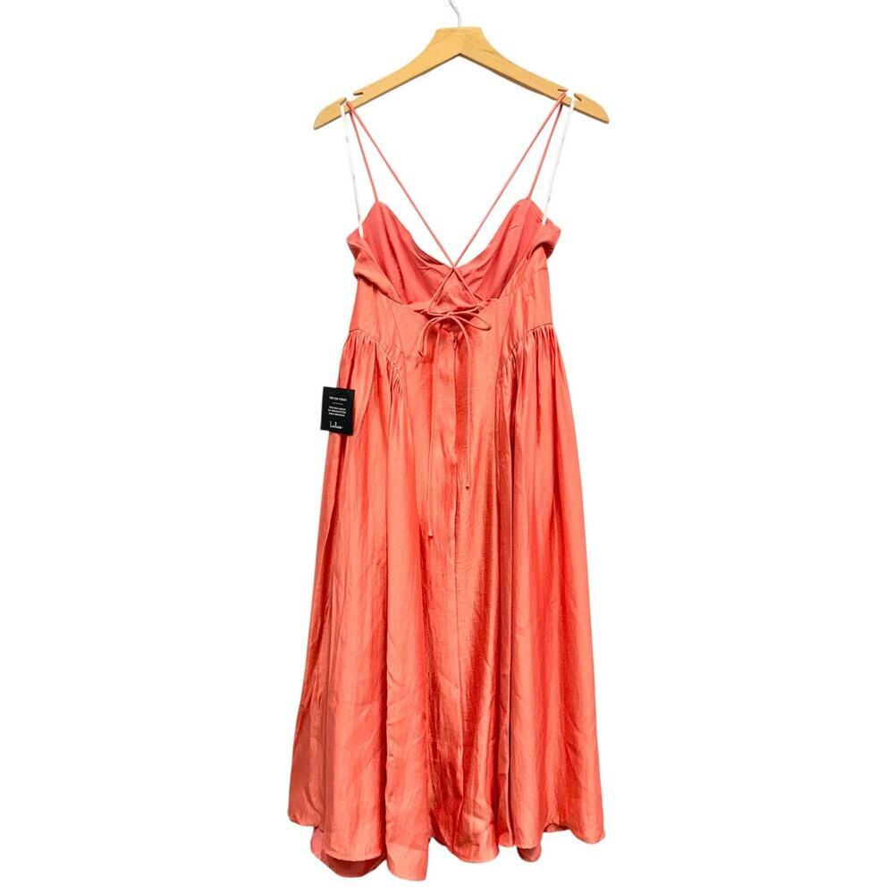 Lulus Paride Shiny Coral Gathered Lace-Up Midi Dress size Medium NWT - Picture 4 of 6